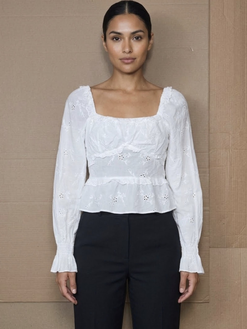 Divided White Eyelet Square-Neck Peplum Blouse